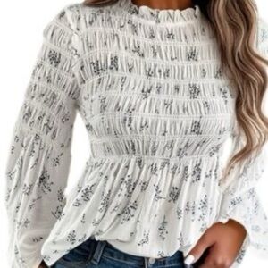 Adiva Smocked High Neck Flare Sleeves Floral Top Size M Lightweight